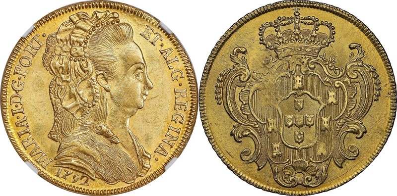 PORTUGAL PECA (6400 Reis) 1792 Maria I GOLD ONLY ONE GRADED HIGHER NGC MS 64