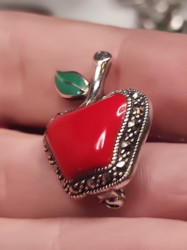 Apple Brooch Pin Marcasite Framed Sterling Silver Signed 925 A Red Green - Picture 3 of 11