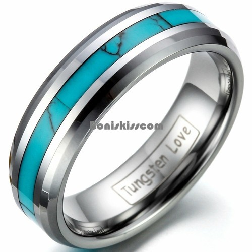 Tungsten Carbide Ring Simulated Turquoise Men's Women's Engagement Wedding Band - Picture 3 of 7