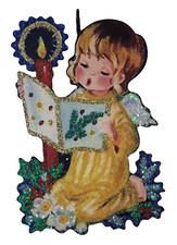 ANGEL w BOOK, KNEELING, SINGING, CANDLE * Glitter CHRISTMAS ORNAMENT * Vtg Img