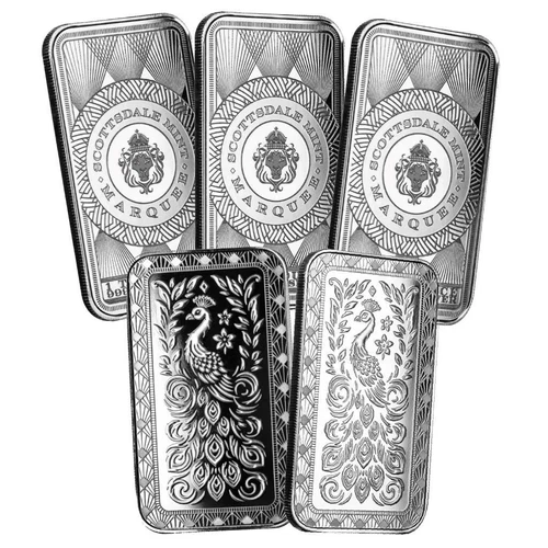 5 x 1 oz .9999 Silver Bars - Scottsdale Marquee Peacock Silver Bullion Bar #A690
