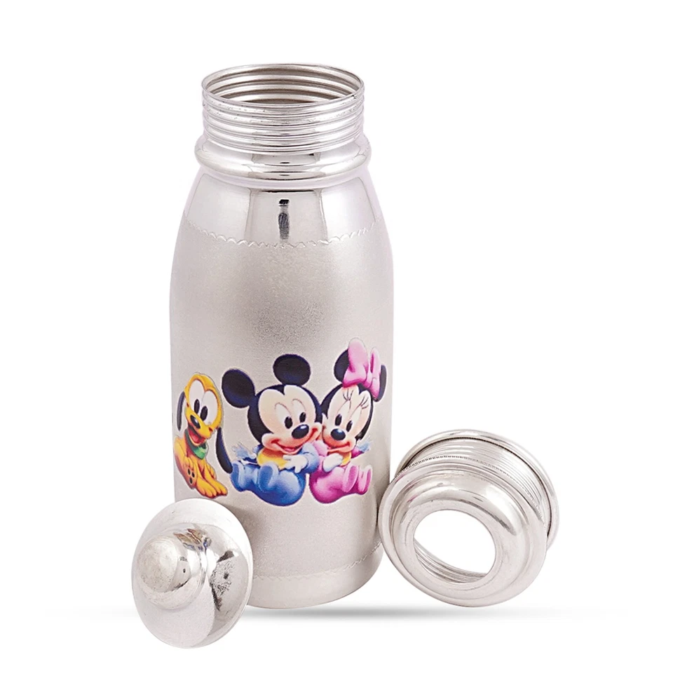 Biberón de leche para bebé de plata de ley con estampado de Mickey y mini ratón Foto 4 de 4