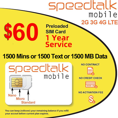 SpeedTalk GSM SIM Card Rollover 1500 Text OR Data 5G 4G LTE GPS Trackers 1 Year