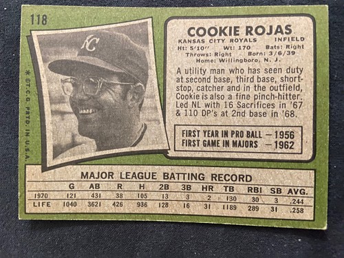 1971 Topps #118 Cookie Rojas - Kansas City Royals - VG - Picture 2 of 2