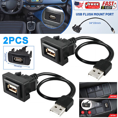 2X Car Dashboard Flush Mount USB Male Female Extension Cable Adapter For Toyota