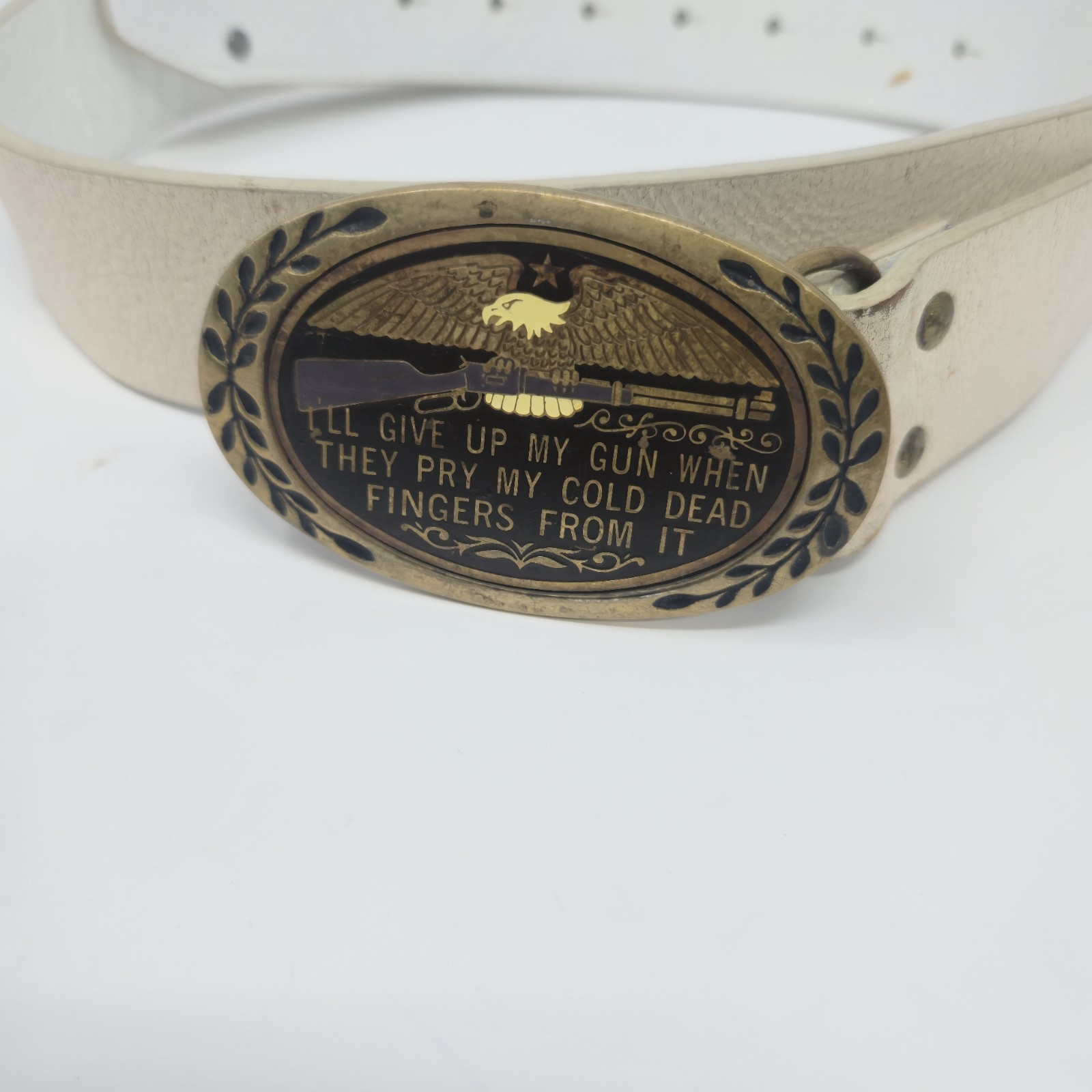 Vintage ​Rock & Republic White Leather Belt W/ Aminco Solid Brass Buckle 42" image 2
