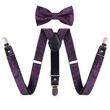 Boys Paisley Adjustable Pre-tied Bow Tie and Clips Suspenders 070-plum Purple