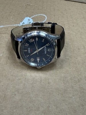 Men's Bulova Wilton GMT 43mm Automatic Black Leather Blue Dial Watch 96B385