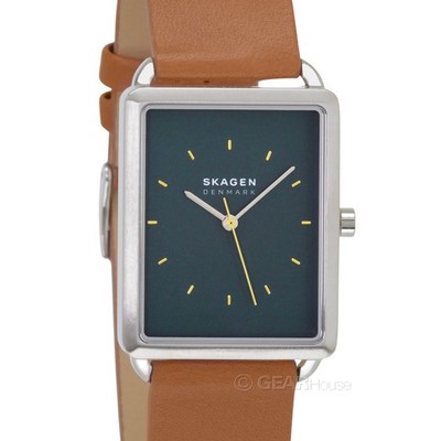 SKAGEN Hagen Mens Rectangular Casual Watch, Dark Green Dial, Brown Leather Band