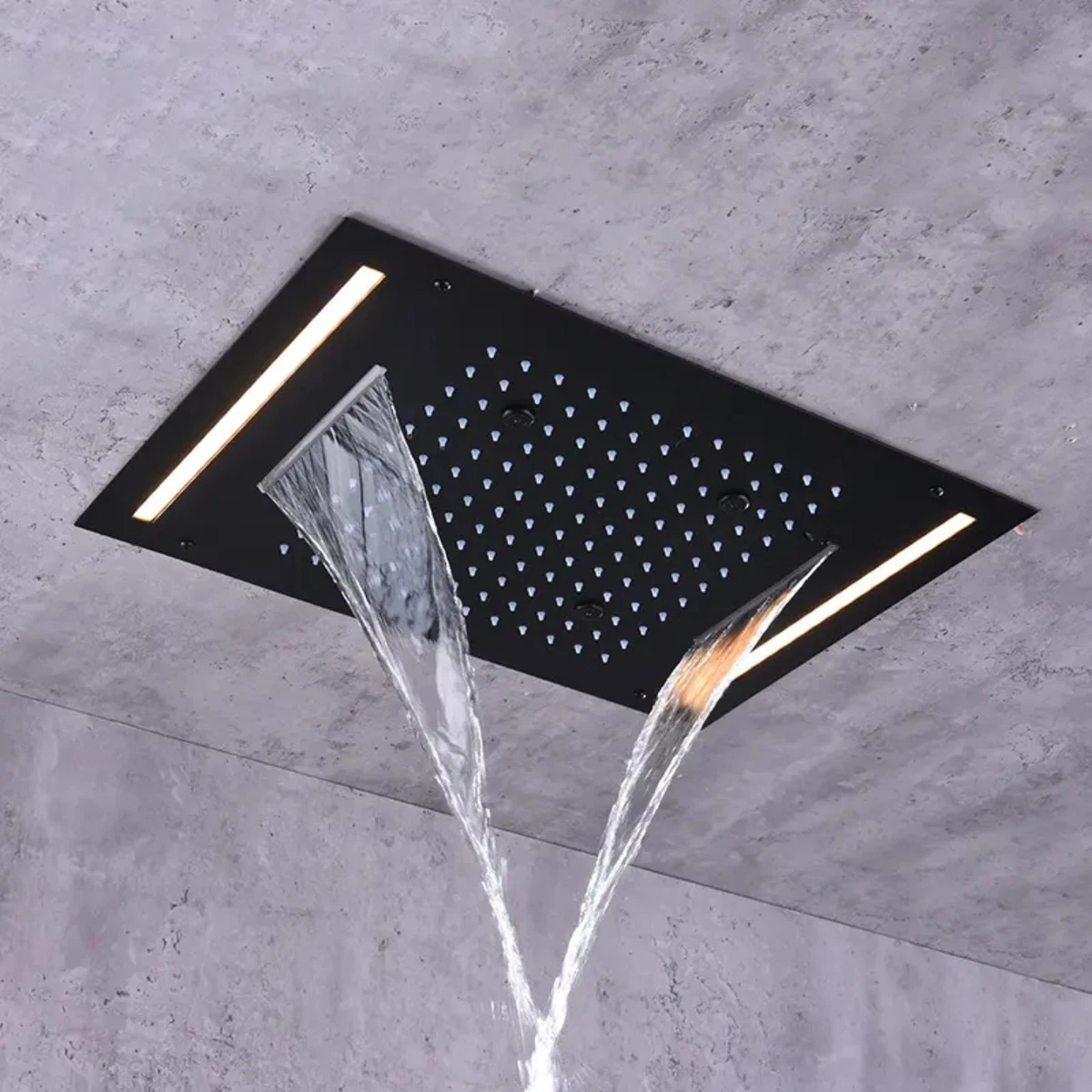 Flush Mount Ceiling Smart Multi Function Rainfall Shower Head Black RGB Lights