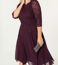 Alex Evenings Lace Bodice Chiffon Dress Size 18W Mother Of Bride In Deep Plum