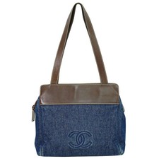 CHANEL CC Denim Leather Shoulder Tote Bag Navy Brown