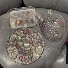 Vintage 1990’s Indiana Glass Rainbow Garden Line Platter, Relish Tray and Bowl