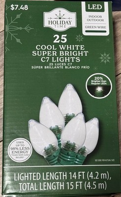 NEW! Holiday Time 25 COOL White SUPER BRIGHT C7 LED String Lights Green Wire
