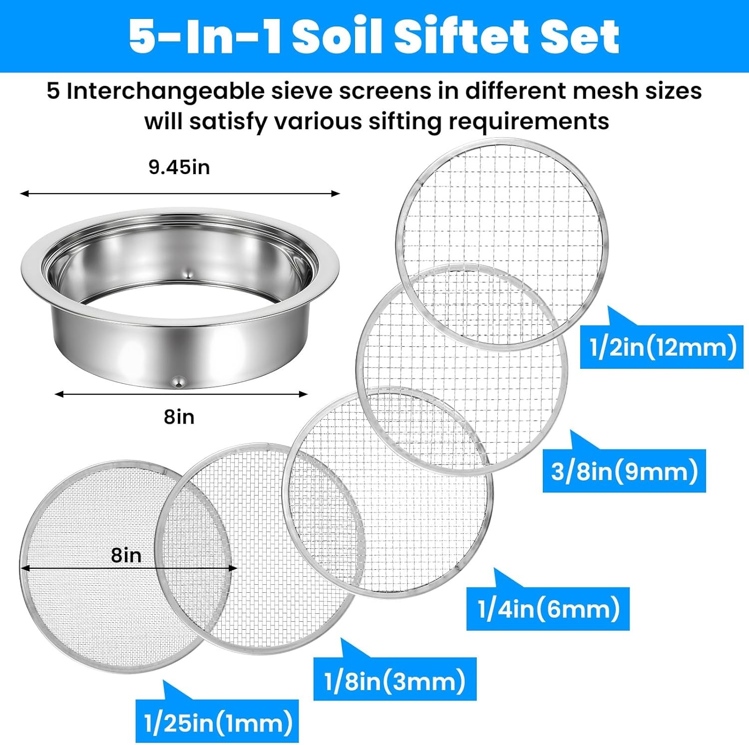 Soil Sifter Stainless Steel Riddle Sieve Set for Gardening with 5 Sizes 8" Di...