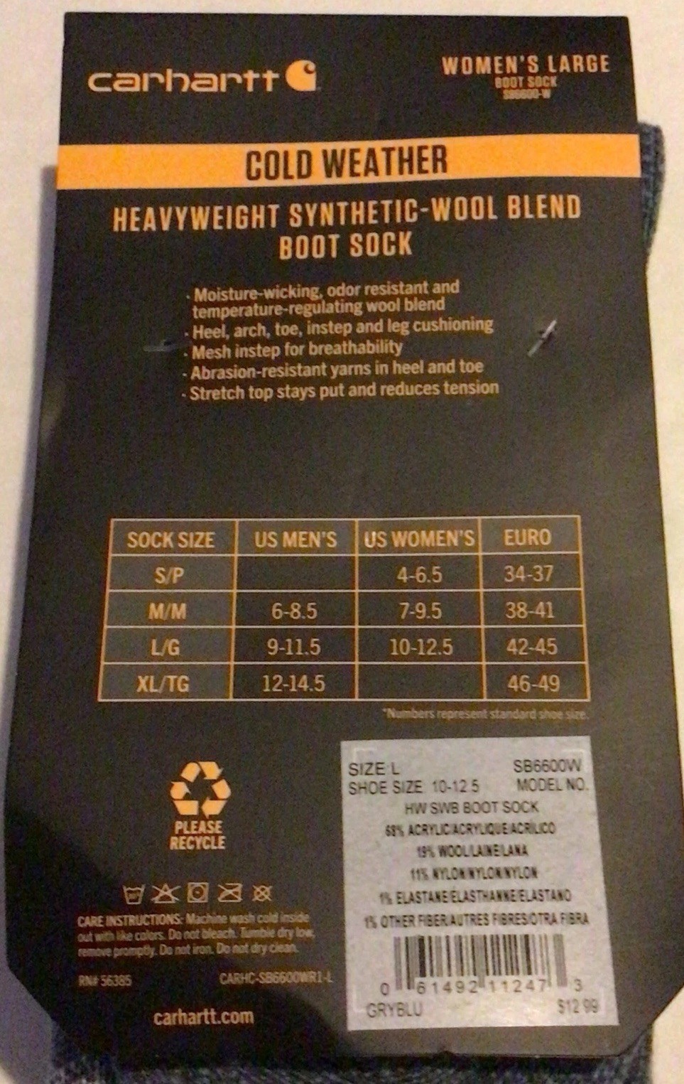 Carhartt Boot Socks 1 pair Women’s Large 10-12.5 Black Heavyweight Wool Blend thumbnail 3