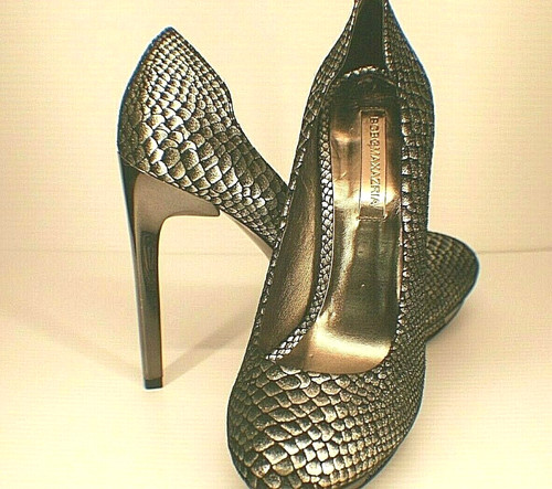 BCBG MaxAzria Willoe Gunmetal Heels 8.5 B Silver Snakeskin Print Pumps Shoes