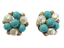 ROBIN'S EGG BLUE WITH FAUX PEARL AND GOLD TONE CLIP ON CLUSTER EARRINGS
