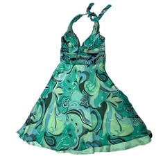 Morrell Maxie Pucci inspired Y2K green halter chiffon flowy dress midi size 10