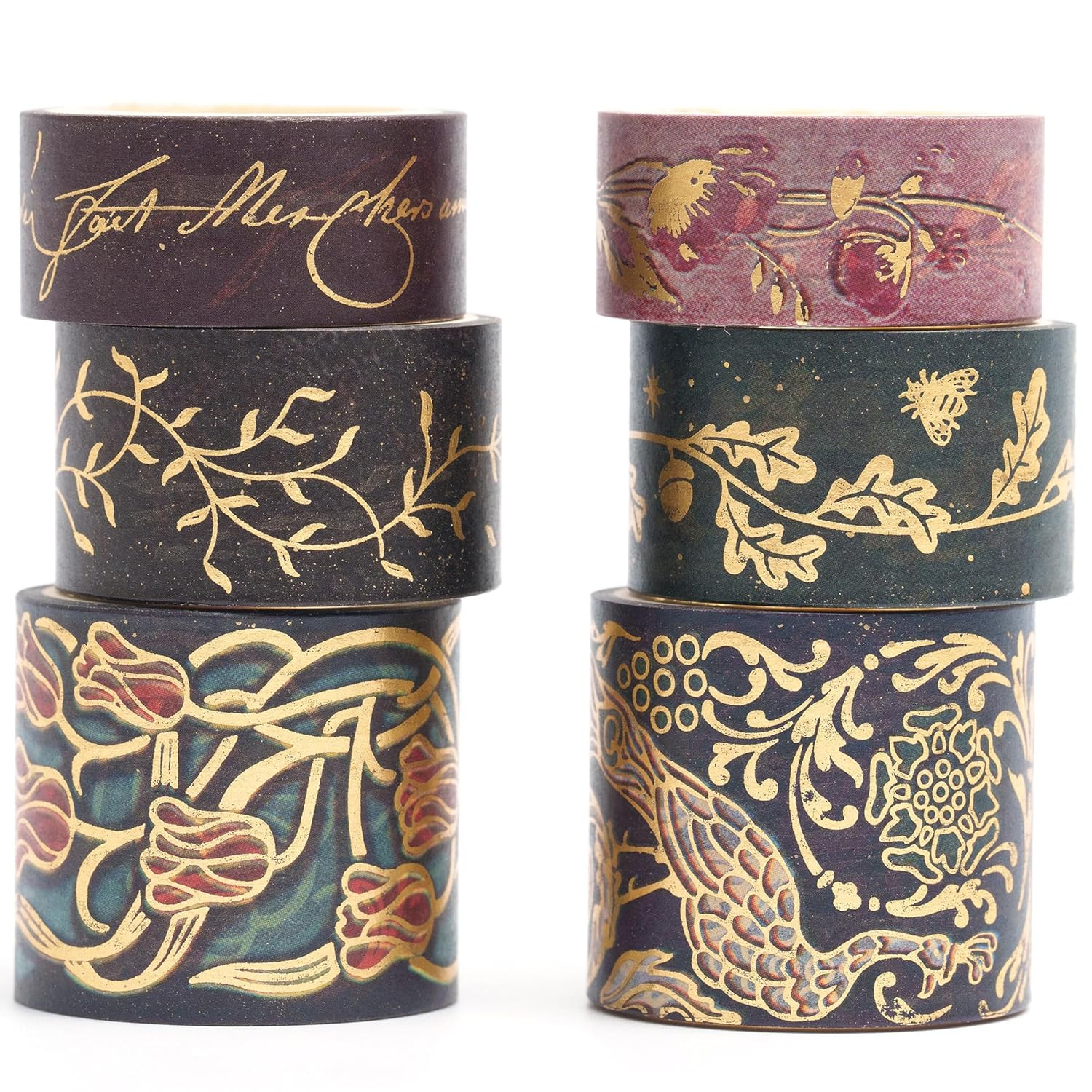 Vintage Washi Tape Set 6 Rolls Wide Retro Decorative Gold Foil Antique Patter...