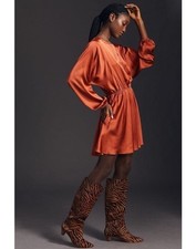Anthropologie Caballero Satin Long Sleeve Fit&Flare Mini Dress Rust Orange Sz M