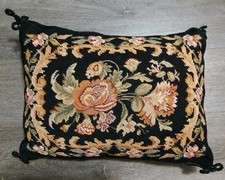 90s Wool Needlepoint Pillow Imperial Elegance Floral Bouquet Velvet Black 16x12
