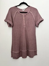 Jodifl Women’s Purple Short Sleeve Waffle Knit Tunic Top Henley Thermal Small