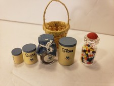 Vtg Miniature Kitchen Lot Dollhouse Accessories Flour Canister Gumball Glass Jam