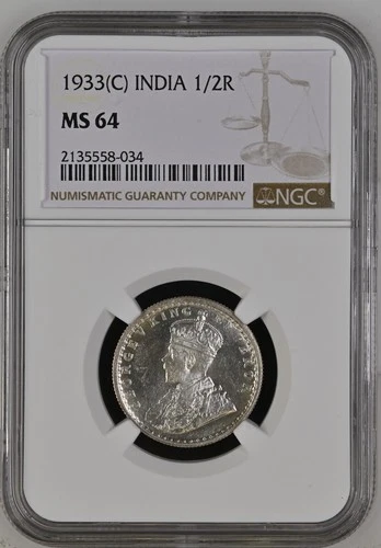 British India 1933 C Silver 1/2 Rupee NGC MS-64