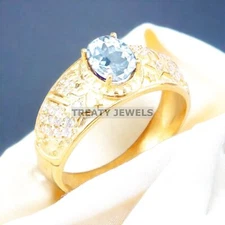 Aquamarine Oval Cut With 925 Sterling Silver Gold Plated Ring For Men's #A155
