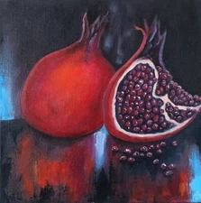 Original Art Oil Painting Red Pomegranates on Canvas 30x30cm Fruits Still Life