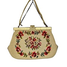 Vintage Floral Needlepoint Handbag Metal Frame Elegant Unique Granny 1960s