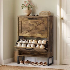 Farmhouse Metal Legs Shoe Cabinet with 2 Flip Drawers for Entryway Hallway Home