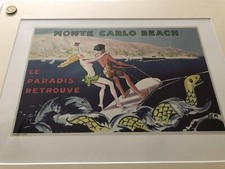 Art Deco Mounted Print Monte Carlo Beach  Poster 20”X 16”