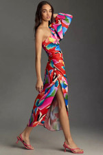 Farm Rio One Shoulder Dress Anthropologie Abstract Floral Midi Slit Size XL NEW