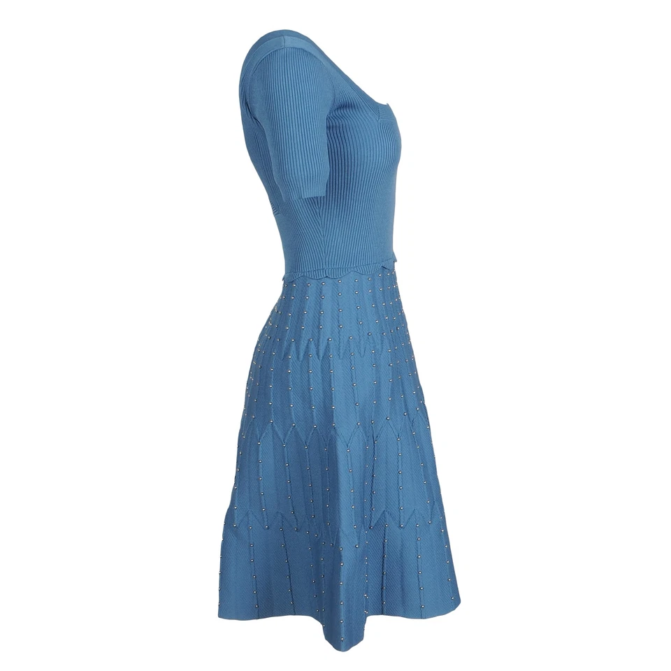 Sandro Paris Damenkleid Blau Gestrickt Mit Nieten Kurz A-Linie Größe 36 FR S - Bild 4 von 4