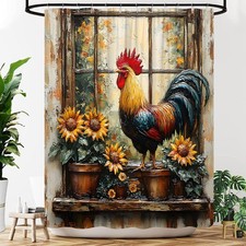 Farmhouse Rooster Shower Curtain Oil Painting Country Rustic Sunflower Fabric