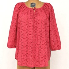 Chaps Denim Eyelet Blouse Womens M Bright Pink Floral 3/4 Sleeve Peasant Top