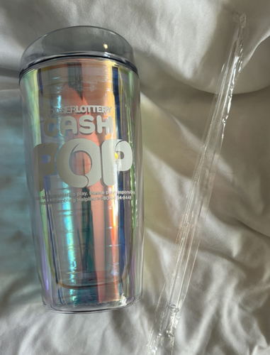 Hoosier Lottery Cash Pop Iridiscent Tumbler With Straw NEW Promo Advertising