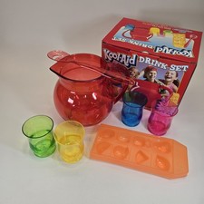 Vtg. 1990s Plastic Kool-Aid Drink Set Pitcher w/4 Cups, Spoon And Ice Tray