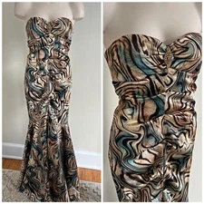Xscape Strapless Ruched Marble Swirl Gown Size 6 Y2K Rhinestone Forma