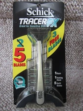 Schick NEW NOS Vtg Tracer FX Razor w/ HOLDING STAND + 5 Refill Blades Cartridges