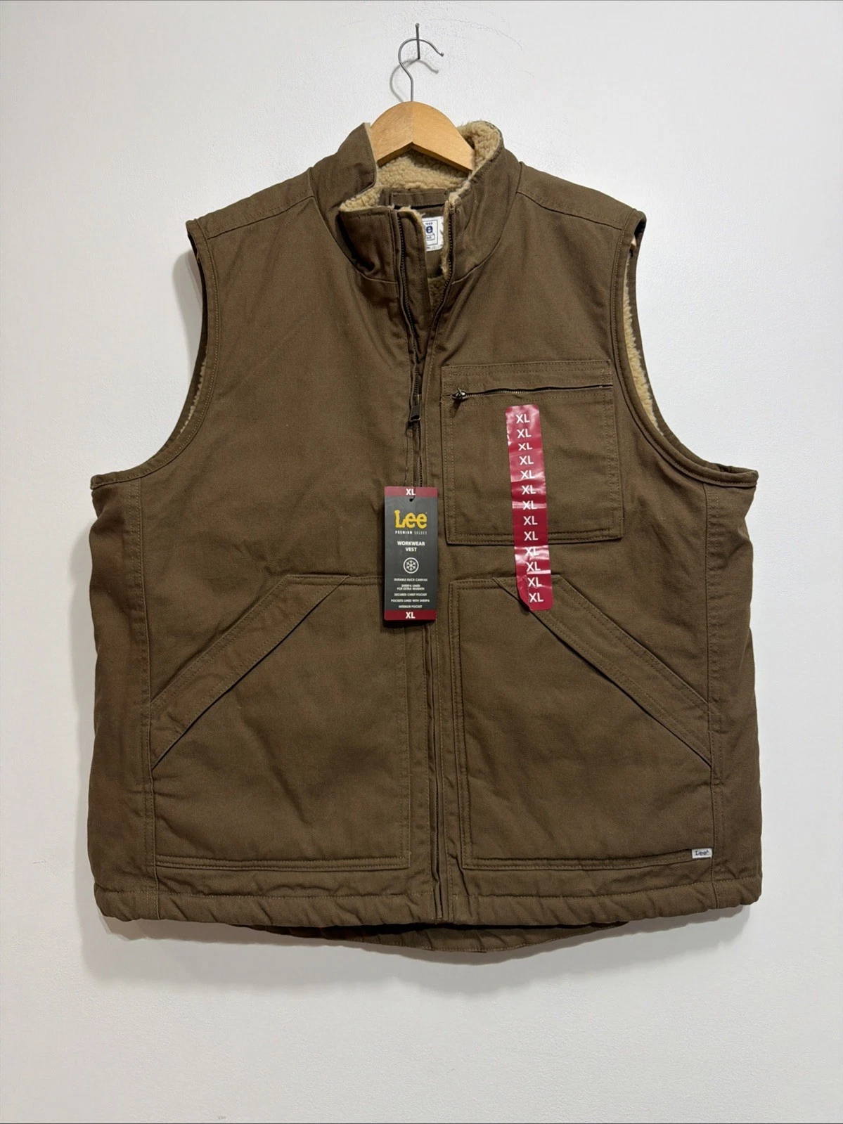 New LEE Men's Khaki Vest Size XL Outdoor Sherpa Durable Duck Canvas Work Wear