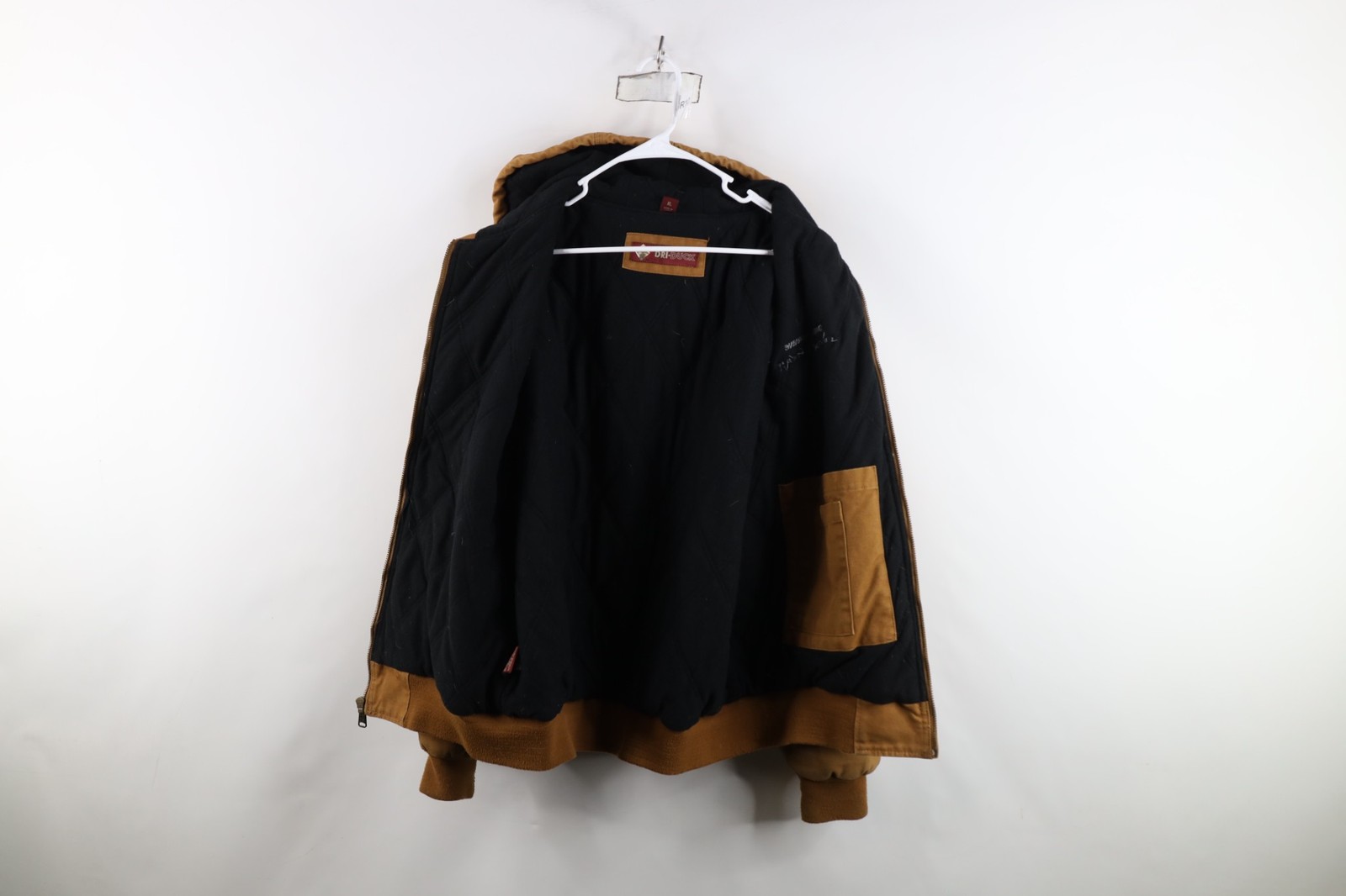 Vintage Mens XL Distressed Owens Corning Quilted Canvas Hooded Work Jacket Brown