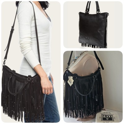 Frye Heidi Fringe Tote Bag Black Studs Crossbody Strap Dust Cover Tags Hobo Rare