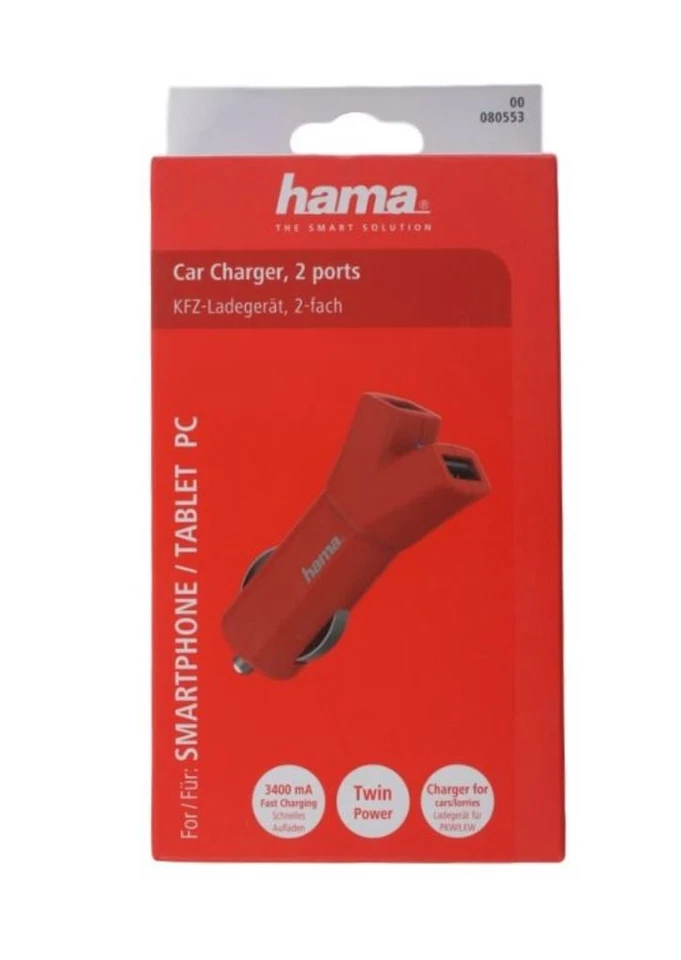 Hama 3,4A 2-Port USB Auto Schnell-Ladegerät Kfz Adapter für Tablet PC iPad Rot - Bild 3 von 3
