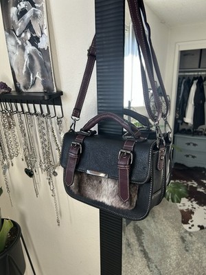 Pixie Mood Women s Black Burgundy Faux Fur Satchel Bag With Detachable Strap