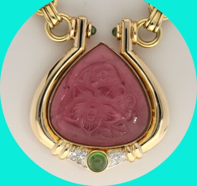 Diamond Tourmaline Carved Amulet Pendant Necklace