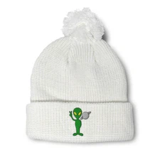 Pom Pom Beanies for Women Peace Alien and Saturn Embroidery Acrylic Skull Cap
