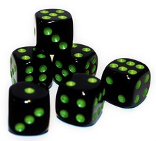 New Set of 6 Opaque Rounded Corner 16mm Dice - 5/8" Game Dice - Black Green